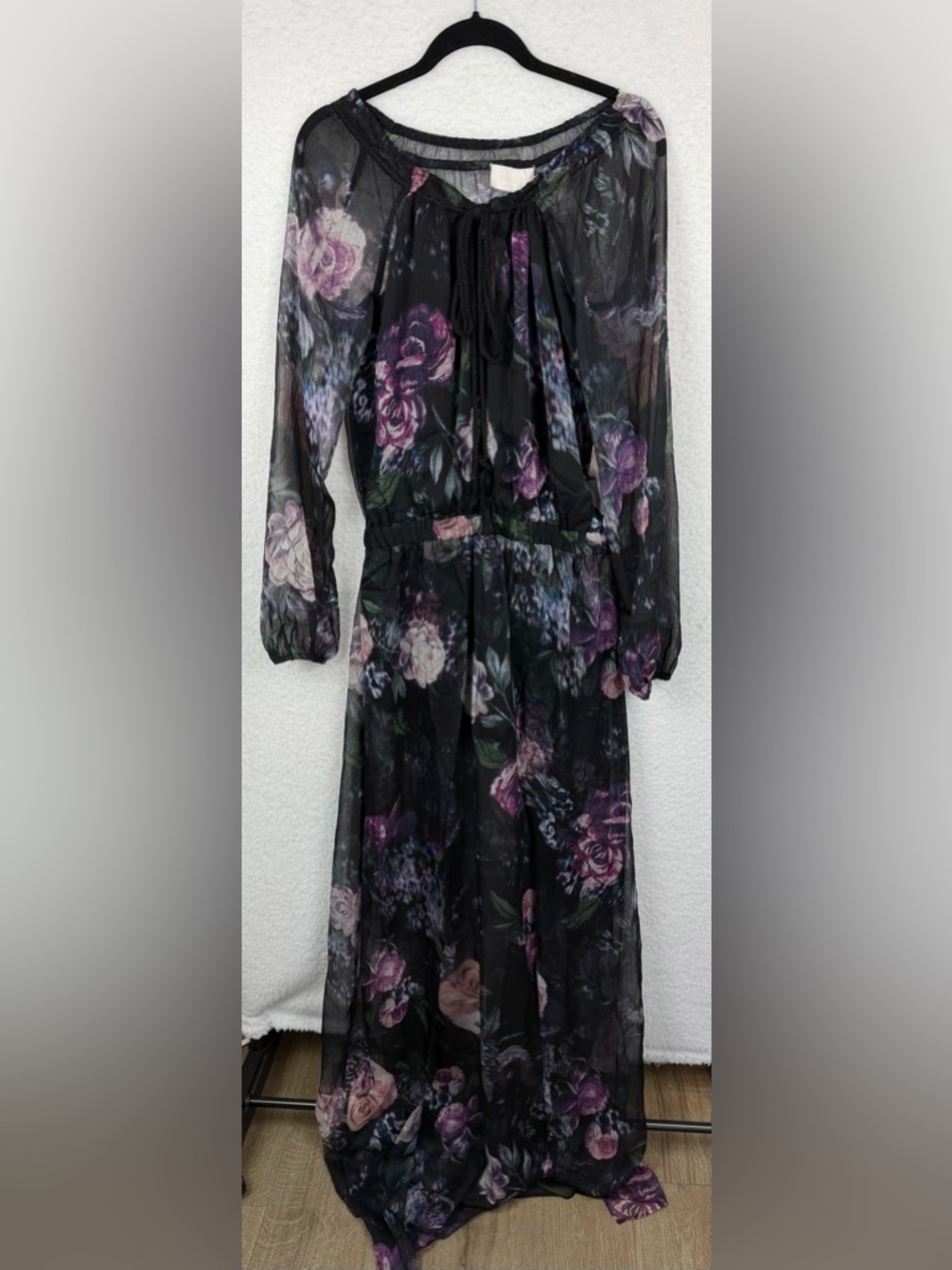 (NWT) THE JETSET DIARIES • Black/Multi Floral Peony Semi-Sheer Maxi Dress, L - Picture 11 of 14